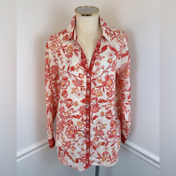 RACHEL ZOE Orange & Cream Long Sleeve Linen Button Down European Grown Flax | M - Picture 1 of 11